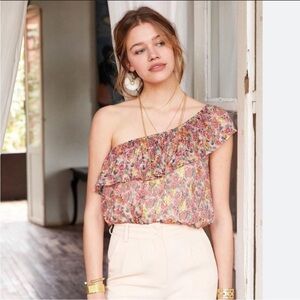 Sezane Adaline One Shoulder Silk Metallic Floral Top
